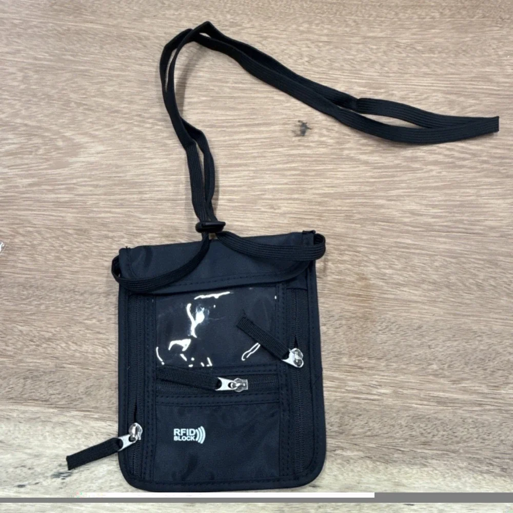 Black RFID Protection Neck Wallet Clear Window Strap Synthetic X00465FM81